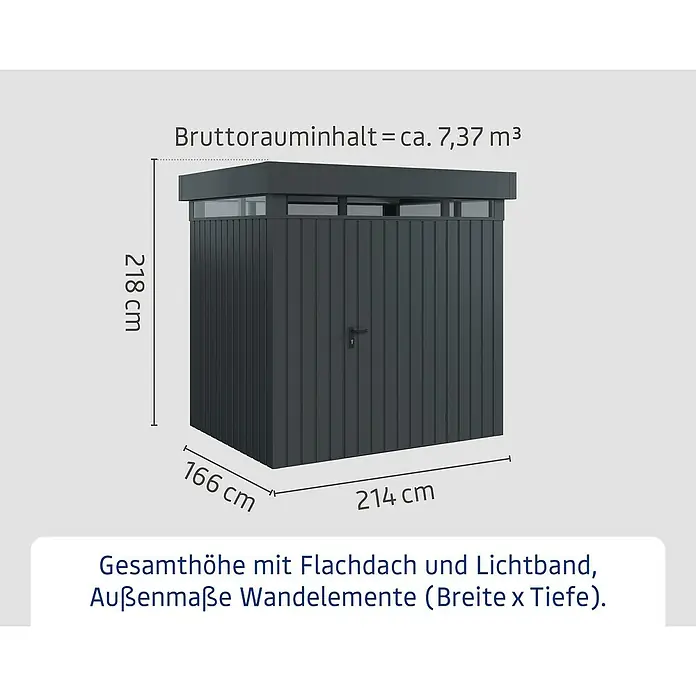 EcoStar Euroline Metallgerätehaus - Außenmaß inkl. Dachüberstand (B x T): 229 x 181 cm, Höhe: 218 cm, Stahl, Anthrazit, Einzeltür - Abbildung eines Gerätehauses mit Flachdach und Lichtband, mit Maßangaben zu Höhe, Breite und Tiefe.
