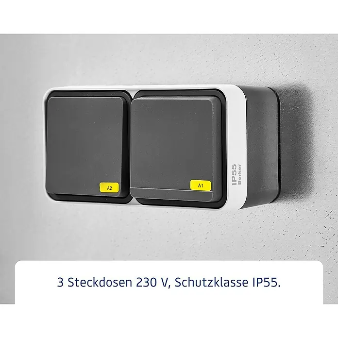 EcoStar Euroline Panel - L x B x H: 2 x 47 x 170 cm - Doppelter Berker AP-Wippschalter IP55 in Grau und Weiß.