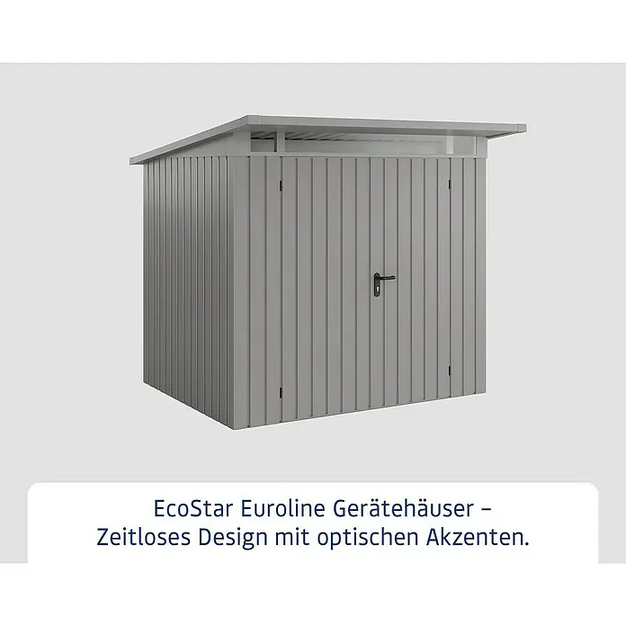 EcoStar Euroline Metallgerätehaus - Außenmaß inkl. Dachüberstand (B x T): 229 x 214 cm, Höhe: 204 cm, Stahl, Aluminium, Doppeltür - Abbildung eines EcoStar Eurolinde Gerätehauses in Grau.