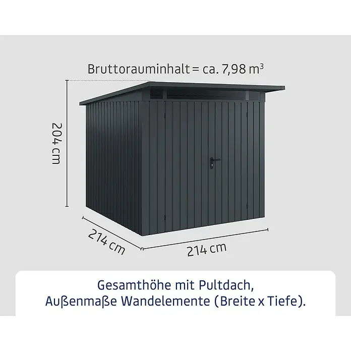 EcoStar Euroline Metallgerätehaus - Außenmaß inkl. Dachüberstand (B x T): 229 x 262 cm, Stahl, Anthrazit, Höhe: 204 cm, Doppeltür - Abbildung eines dunkelgrauen Gerätehauses mit Pultdach und den Maßen 214 x 214 x 204 cm und einem Bruttorauminhalt von ca. 7,98 m³.