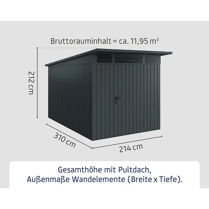 EcoStar Euroline Metallgerätehaus - Außenmaß inkl. Dachüberstand (B x T): 229 x 358 cm, Höhe: 212 mm, Stahl, Anthrazit, Einzeltür - Bild einer grauen Gerätebox mit Maßangaben. Das Außenmaß der Gerätebox beträgt 310 x 214 cm und die Höhe 212 cm.