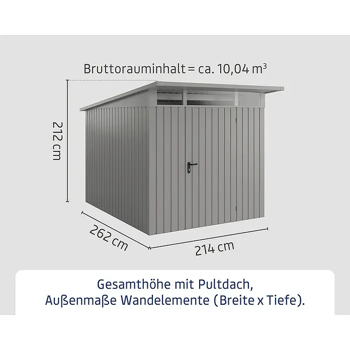 EcoStar Euroline Metallgerätehaus - Außenmaß inkl. Dachüberstand (B x T): 229 x 310 cm, Höhe: 212 mm, Stahl, Aluminium, Einzeltür - Produktdarstellung: Gerätehaus mit Pultdach, Außenmaße 214 x 262 cm, Höhe 212 cm, Bruttorauminhalt ca. 10,04 m³.
