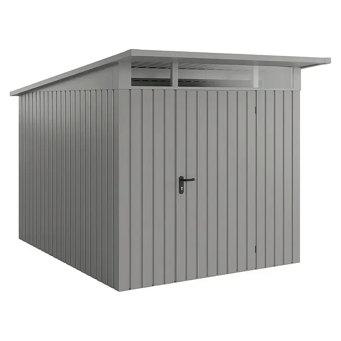 EcoStar Euroline Metallgerätehaus - Außenmaß inkl. Dachüberstand (B x T): 229 x 310 cm, Höhe: 212 mm, Stahl, Aluminium, Einzeltür - Bild eines grauen Metall-Gartenschuppens mit einem Pultdach und einer Tür mit Griff. Ideal zur Aufbewahrung von Gartengeräten.
