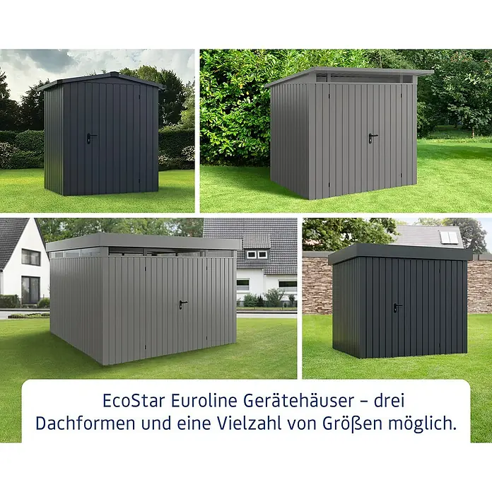 EcoStar Euroline Regenfallrohr-Set - Passend für: Sattel und Pultdach - Das Bild zeigt EcoStar Euroline Gerätehäuser mit drei Dachformen und verschiedenen Größen für den Garten oder das Grundstück.
