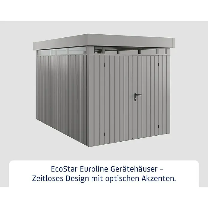 EcoStar Euroline Gerätehaus - Außenmaß inkl. Dachüberstand (B x T): 229 x 325 cm, Höhe: 218 cm, Stahl, Aluminium, Doppeltür - Bild eines EcoStar Euroline Gerätehauses. Zeitloses Design mit optischen Akzenten, ideal für den Garten.