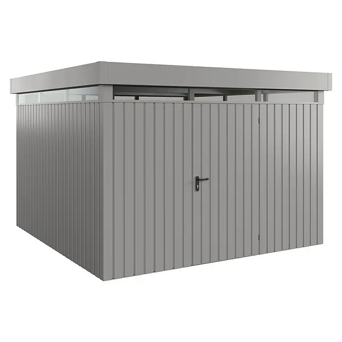 EcoStar Euroline Metallgerätehaus - Außenmaß inkl. Dachüberstand (B x T): 325 x 325 cm, Höhe: 218 cm, Stahl, Aluminium, Einzeltür - Grauer Gartenschuppen mit Tür und überdachtem Design, ideal für die Aufbewahrung im Freien.