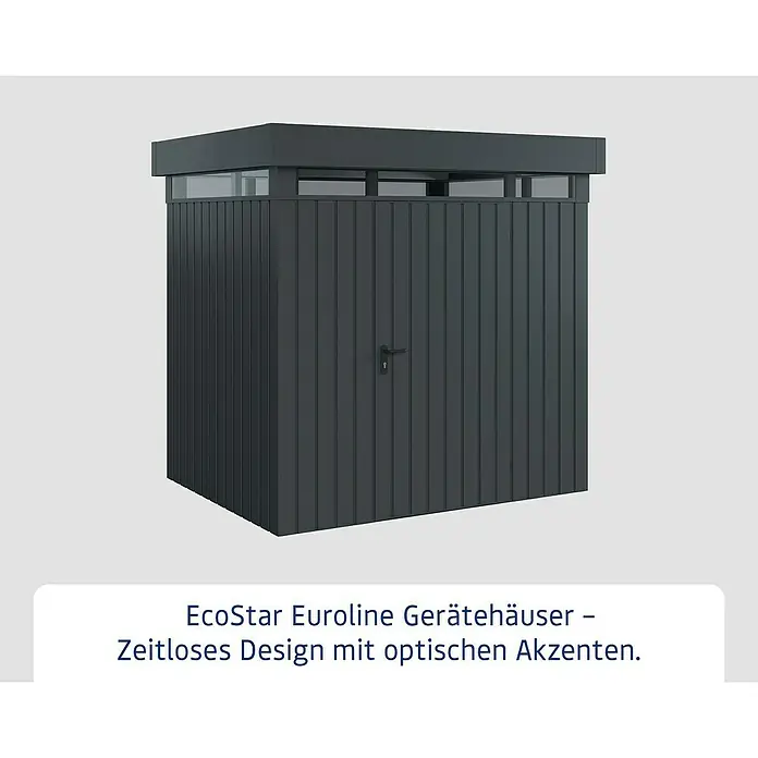 EcoStar Euroline Metallgerätehaus - Außenmaß inkl. Dachüberstand (B x T): 229 x 181 cm, Höhe: 218 cm, Stahl, Anthrazit, Einzeltür - EcoStar Euroline Gerätehaus: Zeitloses Design mit optischen Akzenten. Das Gerätehaus bietet viel Stauraum für Gartengeräte und Werkzeuge.