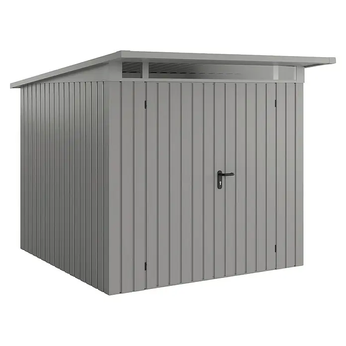 EcoStar Euroline Metallgerätehaus - Außenmaß inkl. Dachüberstand (B x T): 229 x 262 cm, Stahl, Aluminium, Höhe: 204 cm, Doppeltür - Abbildung eines Gerätehauses aus Metall mit einer Tür und einem Überdach. Das Gerätehaus ist grau und hat ein schlichtes Design.