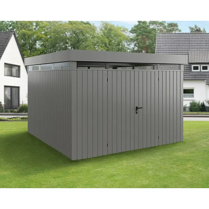 EcoStar Euroline Metallgerätehaus - Außenmaß inkl. Dachüberstand (B x T): 325 x 325 cm, Höhe: 218 cm, Stahl, Aluminium, Doppeltür - Moderne, graue Metall-Gartenbox mit flachem Dach und umlaufenden Fenstern, ideal zur Aufbewahrung im Garten.