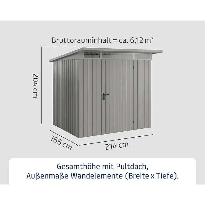 EcoStar Euroline Metallgerätehaus - Außenmaß inkl. Dachüberstand (B x T): 229 x 214 cm, Höhe: 204 cm, Stahl, Aluminium, Einzeltür - Abbildung eines Geräteschuppens mit Pultdach und Maßangaben (Höhe 204 cm, Breite 214 cm, Tiefe 166 cm).