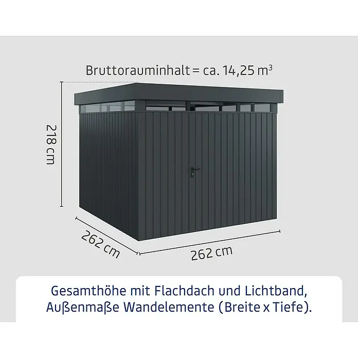 EcoStar Euroline Metallgerätehaus - Außenmaß inkl. Dachüberstand (B x T): 277 x 277 cm, Stahl, Einzeltür, Anthrazit - Abbildung eines Gerätehauses mit den Maßen 262 x 262 x 218 cm und einem Bruttorauminhalt von ca. 14,25 m³.