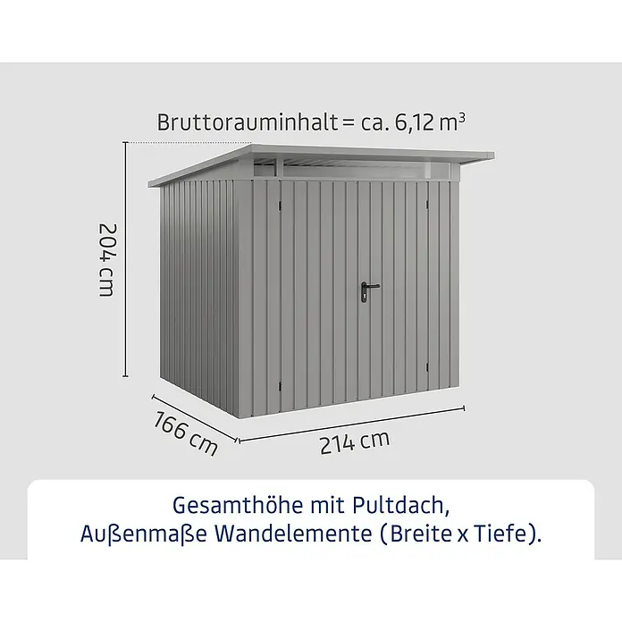 EcoStar Euroline Metallgerätehaus - Außenmaß inkl. Dachüberstand (B x T): 229 x 214 cm, Höhe: 204 cm, Stahl, Aluminium, Doppeltür - Abbildung eines Gerätehauses mit Pultdach und den Außenmaßen der Wandelemente (Breite x Tiefe): 214 cm x 166 cm. Die Höhe beträgt 204 cm.