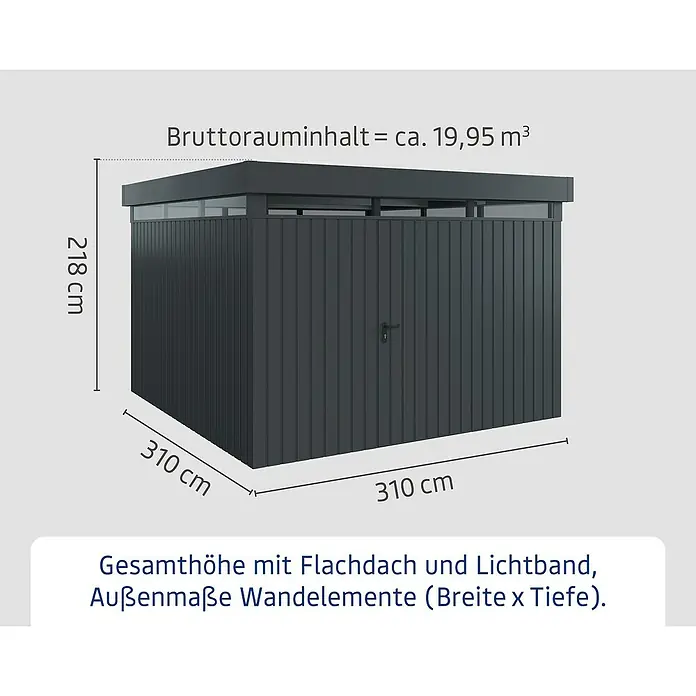 EcoStar Euroline Metallgerätehaus - Außenmaß inkl. Dachüberstand (B x T): 325 x 325 cm, Höhe: 218 cm, Stahl, Anthrazit, Einzeltür - Abbildung eines Gerätehauses mit Flachdach und Lichtband. Die Außenmaße der Wandelemente betragen 310 x 310 x 218 cm.