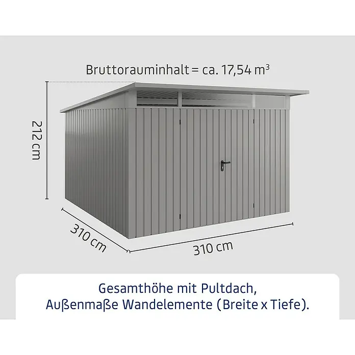 EcoStar Euroline Metallgerätehaus - Außenmaß inkl. Dachüberstand (B x T): 325 x 358 cm, Höhe: 212 mm, Stahl, Aluminium, Doppeltür - Abbildung eines Gerätehauses mit den Maßen 310 cm x 310 cm und einer Höhe von 212 cm, sowie einem Bruttorauminhalt von ca. 17,54 m³.