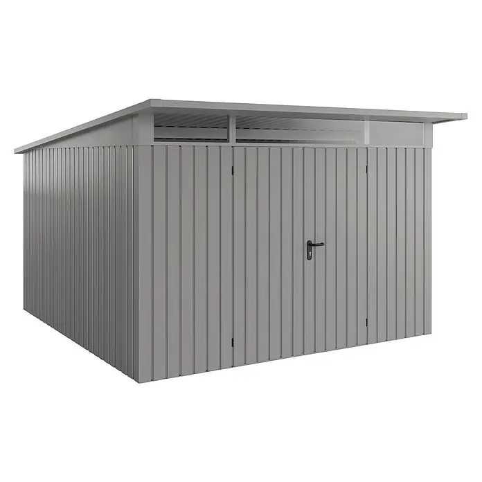 EcoStar Euroline Metallgerätehaus - Außenmaß inkl. Dachüberstand (B x T): 325 x 358 cm, Höhe: 212 mm, Stahl, Aluminium, Doppeltür - Eine graue Gartengerätehaus mit Doppeltür und Lüftungsschlitzen im Giebel.