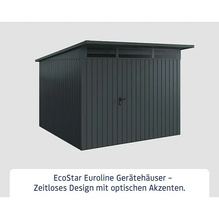 EcoStar Euroline Metallgerätehaus - Außenmaß inkl. Dachüberstand (B x T): 277 x 310 cm, Höhe: 212 mm, Stahl, Anthrazit, Einzeltür - Abbildung eines modernen EcoStar Eurolince Gerätehauses. Zeitloses Design mit optischen Akzenten für den Garten.
