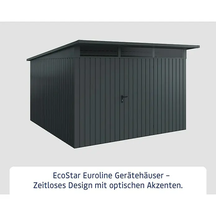 EcoStar Euroline Metallgerätehaus - Außenmaß inkl. Dachüberstand (B x T): 325 x 358 cm, Höhe: 212 mm, Stahl, Anthrazit, Einzeltür - Abbildung eines EcoStar Euroliner Gerätehauses. Zeitloses Design mit optischen Akzenten für Ihren Garten.