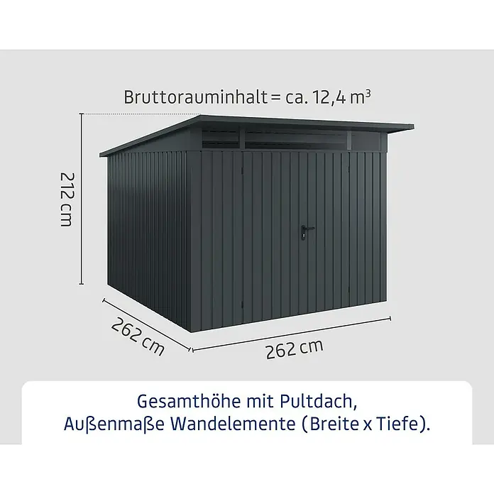 EcoStar Euroline Metallgerätehaus - Außenmaß inkl. Dachüberstand (B x T): 277 x 310 cm, Höhe: 212 mm, Stahl, Anthrazit, Doppeltür - Abbildung eines Geräteschuppens mit den Maßen 262 x 262 x 212 cm und einem Bruttorauminhalt von ca. 12,4 m³.