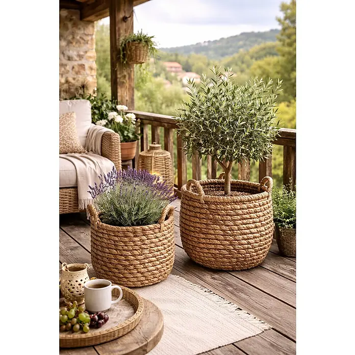 A.H.G. Maceta con interior de plástico Luc - Dimensiones externas (Ø x Al): 36 x 35 cm, Materiales naturales, Natural - Cestas decorativas de mimbre con plantas y olivo, dispuestas con estilo en una terraza de madera.