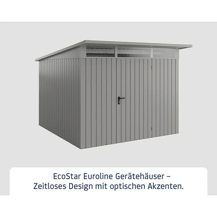 EcoStar Euroline Metallgerätehaus - Außenmaß inkl. Dachüberstand (B x T): 277 x 310 cm, Höhe: 212 mm, Stahl, Aluminium, Einzeltür - Abbildung eines modernen, grauen EcoStar Euroliner Gerätehauses mit einem zeitlosen Design und optischen Akzenten.