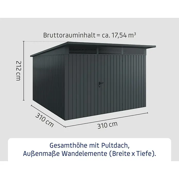 EcoStar Euroline Metallgerätehaus - Außenmaß inkl. Dachüberstand (B x T): 325 x 358 cm, Höhe: 212 mm, Stahl, Anthrazit, Einzeltür - Darstellung eines Gerätehauses mit Pultdach. Außenmaße der Wandelemente sind angegeben mit Breite und Tiefe, sowie die Gesamthöhe.