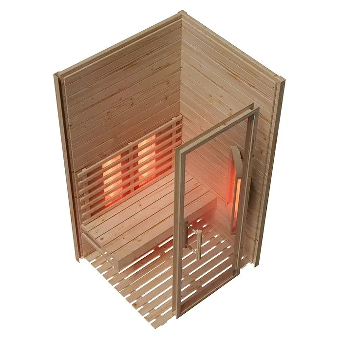 Eilo Infrarotkabine EL 100 - 102 x 113 x 198 cm - Innenansicht einer Holzsauna mit Bank und Heizung. Die Sauna ist aus hellem Holz gefertigt und strahlt Wärme aus.