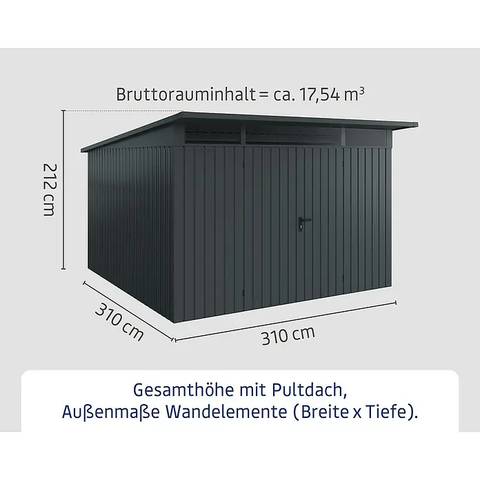 EcoStar Euroline Metallgerätehaus - Außenmaß inkl. Dachüberstand (B x T): 325 x 358 cm, Höhe: 212 mm, Stahl, Anthrazit, Doppeltür - Abbildung eines Gerätehauses mit den Maßen 310 x 310 x 212 cm und einem Bruttorauminhalt von ca. 17,54 m³.