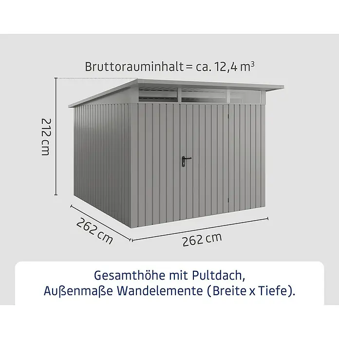 EcoStar Euroline Metallgerätehaus - Außenmaß inkl. Dachüberstand (B x T): 277 x 310 cm, Höhe: 212 mm, Stahl, Aluminium, Einzeltür - Abbildung eines Gerätehauses mit Pultdach und den Maßen 262 x 262 x 212 cm. Bruttorauminhalt ca. 12,4 m³.