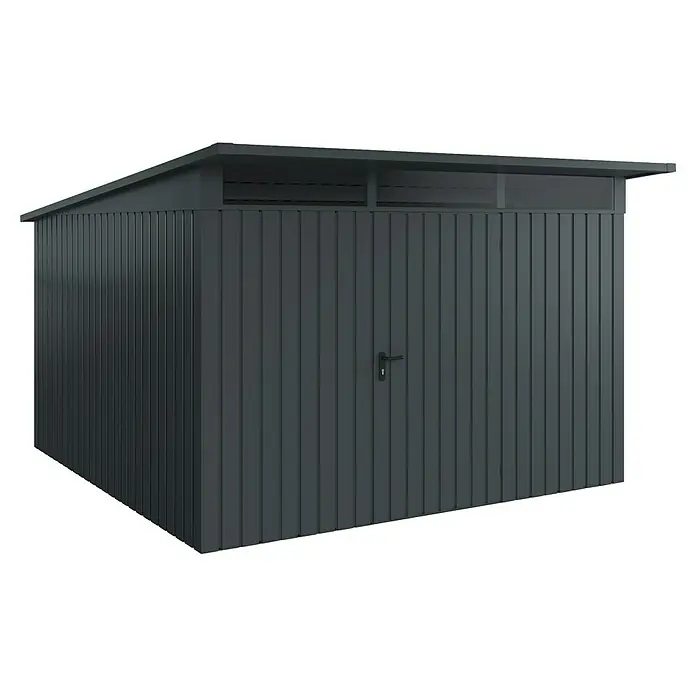EcoStar Euroline Metallgerätehaus - Außenmaß inkl. Dachüberstand (B x T): 325 x 358 cm, Höhe: 212 mm, Stahl, Anthrazit, Einzeltür - Nahaufnahme eines modernen, anthrazitfarbenen Metall-Gartenschuppens mit Pultdach und abschließbarer Tür, ideal für die Aufbewahrung im Freien.