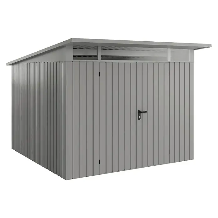 EcoStar Euroline Metallgerätehaus - Außenmaß inkl. Dachüberstand (B x T): 277 x 310 cm, Höhe: 212 mm, Stahl, Aluminium, Doppeltür - Eine Nahaufnahme eines Gerätehauses mit Doppeltür, das sich ideal für die Aufbewahrung im Garten eignet.