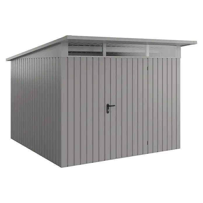 EcoStar Euroline Metallgerätehaus - Außenmaß inkl. Dachüberstand (B x T): 277 x 310 cm, Höhe: 212 mm, Stahl, Aluminium, Einzeltür - Nahaufnahme eines Metall-Gartenschuppens in neutralem Grau mit geöffneter Tür, ideal zur Aufbewahrung von Gartengeräten und Werkzeugen im Freien.