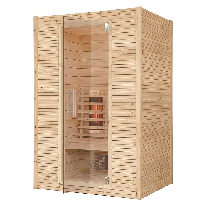 Eilo Infrarotkabine EL 531 - 102 x 132 x 198 cm - Einblick in die Holzsauna mit Glastür und zwei Griffen. Innen befindet sich eine Sitzbank und ein Ofen mit Schutzgitter.