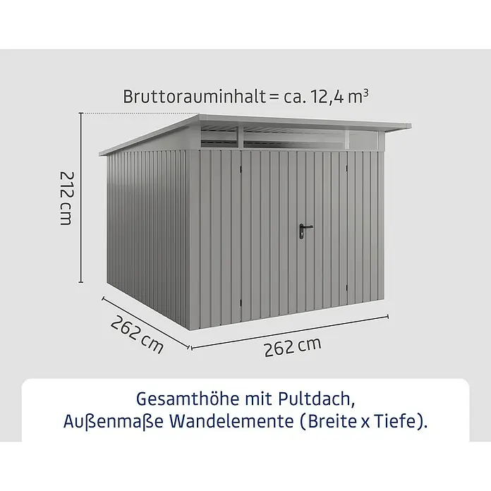EcoStar Euroline Metallgerätehaus - Außenmaß inkl. Dachüberstand (B x T): 277 x 310 cm, Höhe: 212 mm, Stahl, Aluminium, Doppeltür - Abbildung eines Gerätehauses mit den Maßen 262 x 262 x 212 cm und einem Bruttorauminhalt von ca. 12,4 m³.