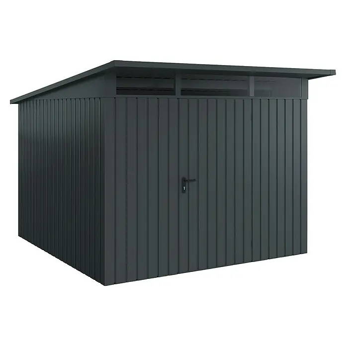 EcoStar Euroline Metallgerätehaus - Außenmaß inkl. Dachüberstand (B x T): 277 x 310 cm, Höhe: 212 mm, Stahl, Anthrazit, Einzeltür - Das Bild zeigt ein modernes, anthrazitfarbenes Gerätehaus mit einem Pultdach und einer abschließbaren Tür. Ideal für die Gartenaufbewahrung.
