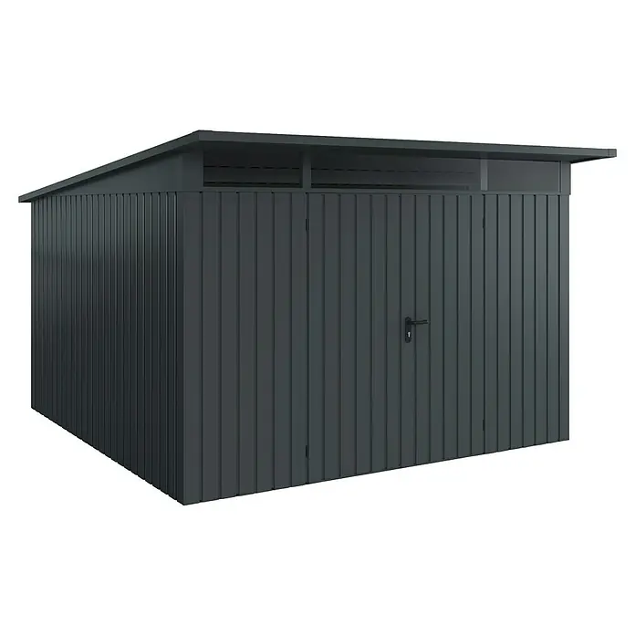 EcoStar Euroline Metallgerätehaus - Außenmaß inkl. Dachüberstand (B x T): 325 x 358 cm, Höhe: 212 mm, Stahl, Anthrazit, Doppeltür - Abbildung eines modernen, grauen Metall-Geräteschuppens mit Tür und flachem Dach, ideal für die Aufbewahrung im Freien.