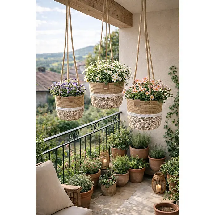 A.H.G. Maceta colgante para flores Gerard - Dimensiones externas (Ø x Al): 18 x 15 cm, Materiales naturales, Beige - Jardineras colgantes con varias flores en cestas colgantes de mimbre que añaden encanto rústico a un patio.