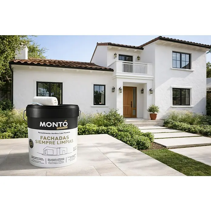 Montó Bricolovers Pintura para fachadas de silicona Siempre Limpias - Blanco, 15 l - Un cubo de pintura Montó para fachadas frente a una casa, prometiendo fachadas limpias con su recubrimiento acrílico premium.