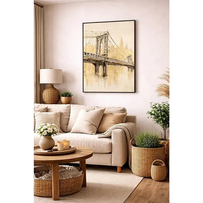 Lienzo Brooklin - Brooklin, An x Al: 50 x 70 cm - Acogedora sala de estar con sofá beige, mesa de madera y un cuadro de puente que añade un toque elegante al espacio.