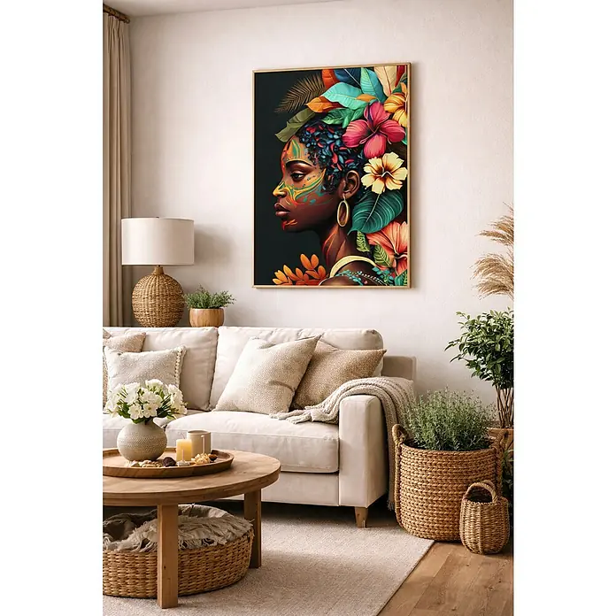 Lienzo Africana derecha - Africana derecha, An x Al: 50 x 70 cm - Un cuadro enmarcado de una mujer con un tocado floral adorna la pared sobre un sofá en una sala de estar acogedora.