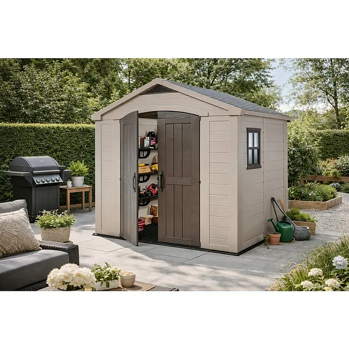 Keter Caseta de jardín Factor 8X6 - Medidas ext. (An x Pr): 257 x 182 cm, Beige/Marrón, Plástico, Área: 4,5 m² - Caseta de jardín espaciosa con puertas abiertas y estanterías prácticas para guardar herramientas y accesorios de jardinería en el exterior.