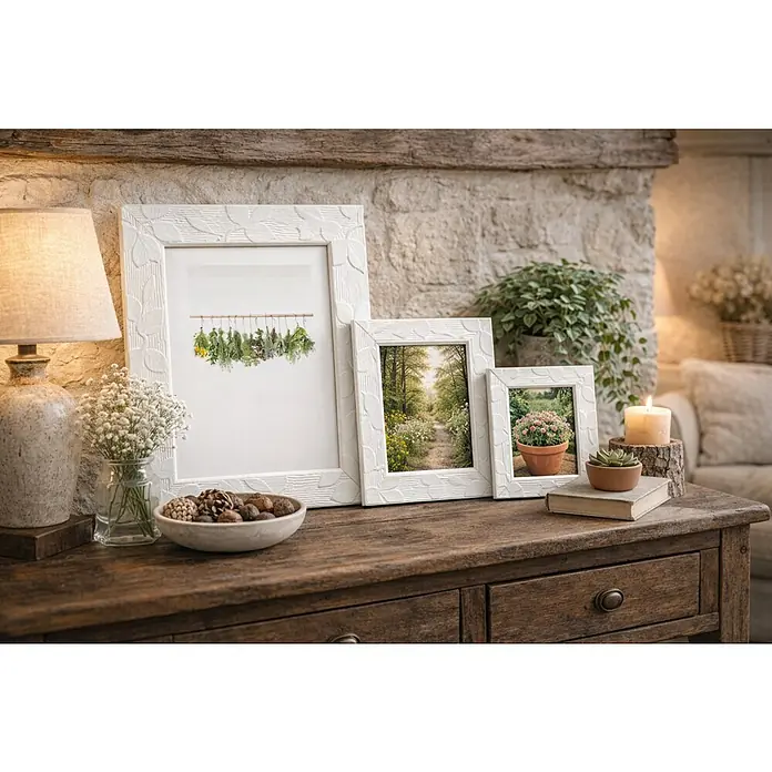 Bubola & Naibo Marco de fotos Design - 13 x 18 cm, Blanco, Vidrio - Primer plano de tres marcos de fotos blancos con hojas en relieve sobre un rústico mueble de madera, creando un ambiente acogedor y natural.