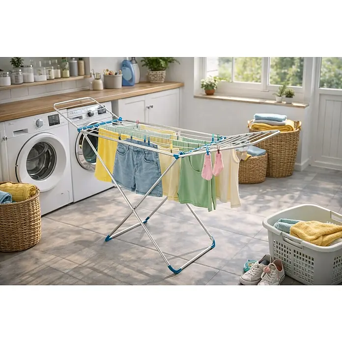 Tendedero con alas Canarias - Longitud cuerda de tender: 18 m, L x An x Al: 168 x 55 x 95 cm, Gris - Tendedero con ropa colgada en un lavadero luminoso, cestos de ropa y lavadoras al fondo. Práctico y ahorra espacio.