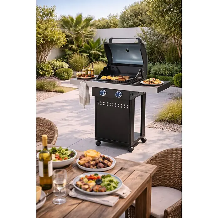 Grillstar Barbacoa de gas Atlanta II 200 - Superficie de la parrilla (An x Pr): 50 x 41,5 cm, Número de quemadores: 2 - Una barbacoa negra en un patio, cargada de comida, está al lado de una mesa de madera con más comida y una botella de vino.