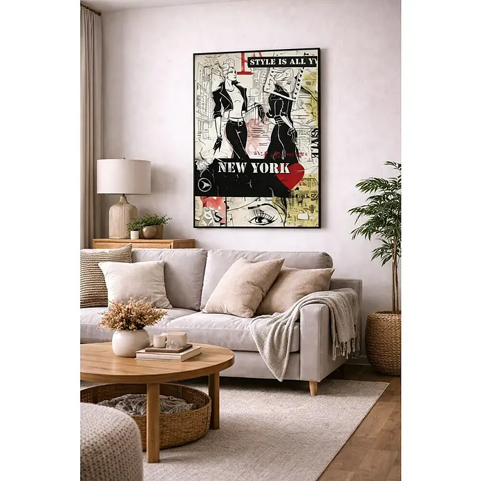Lienzo Collage NY - Collage NY, An x Al: 50 x 70 cm - Un elegante salón con un llamativo póster de "Nueva York", que añade un toque moderno y urbano al espacio.