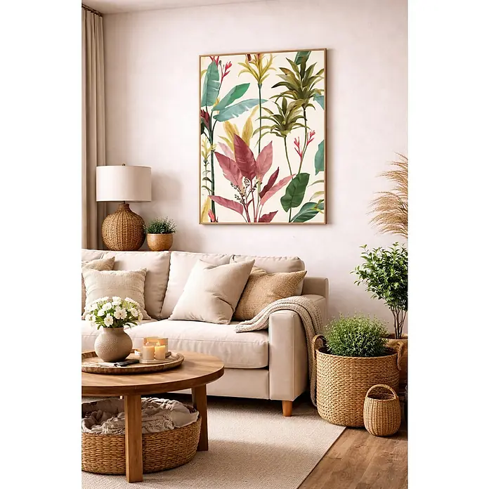 Lienzo Hojas tropical - Hojas tropical, An x Al: 50 x 70 cm - Una elegante sala de estar con una obra de arte botánica sobre un sofá beige, complementada con elementos naturales y tonos cálidos.