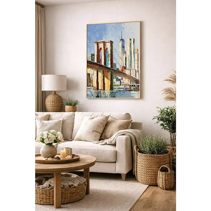 Lienzo Brooklyn - Brooklyn, An x Al: 50 x 70 cm - Una sala de estar con una gran pintura del puente de Brooklyn sobre un sofá, que añade un toque artístico al espacio.