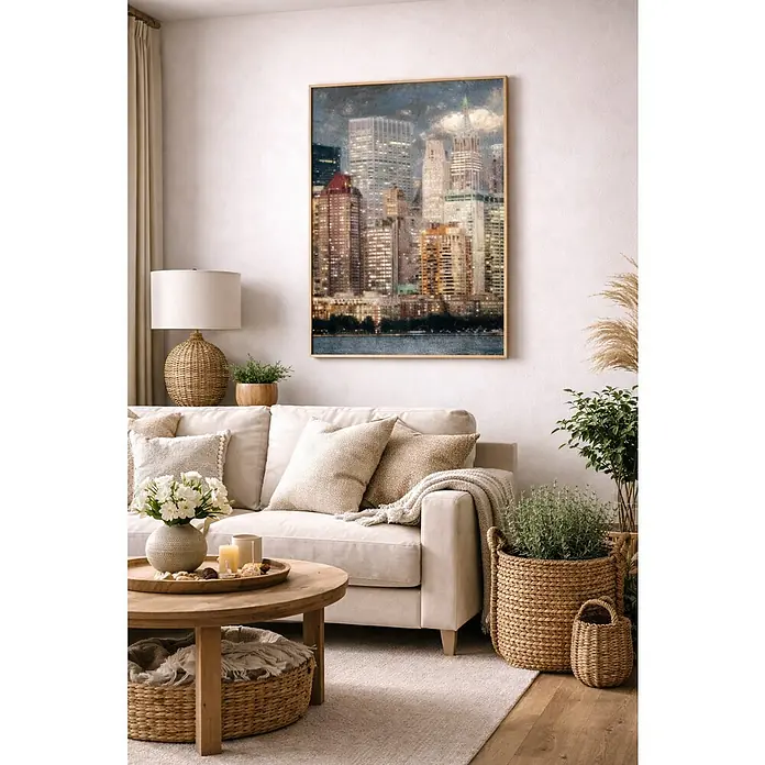 Lienzo Camino playa - Camino playa, An x Al: 50 x 70 cm - Acogedora sala de estar con sofá beige, mesa de madera y obra de arte enmarcada del horizonte de Nueva York en la pared. Cojines y cestas decorativas.