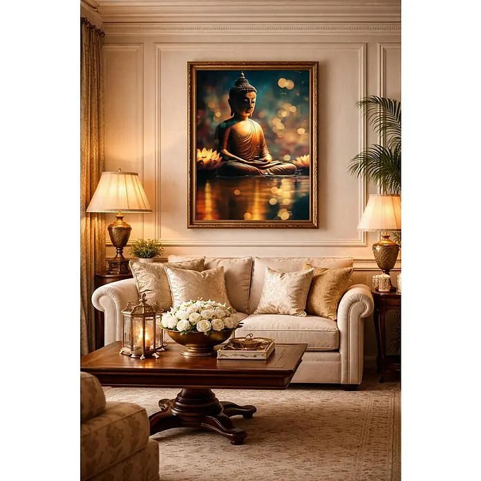 Lienzo Buda dorado - Buda dorado, An x Al: 50 x 70 cm - Elegante sala de estar con una pintura de Buda sobre el sofá, que emana una atmósfera de tranquilidad y paz espiritual.