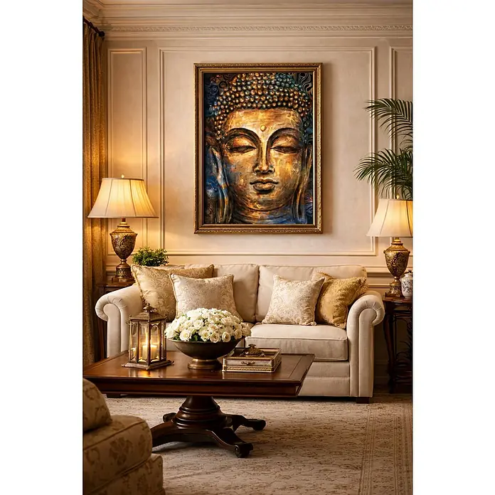 Lienzo Buda ocre - Buda ocre, An x Al: 50 x 70 cm - Una zona de estar decorada con gusto con una pintura de Buda en la pared, creando un ambiente sereno y elegante.
