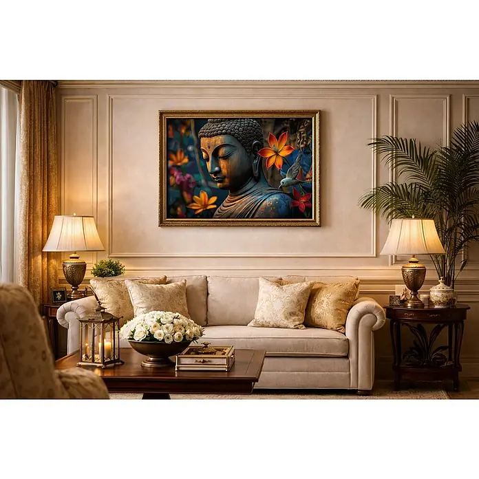 Lienzo Buda flores - Buda flores, An x Al: 50 x 70 cm - Elegante salón con una pintura de Buda sobre el sofá, creando un ambiente tranquilo y elegante.